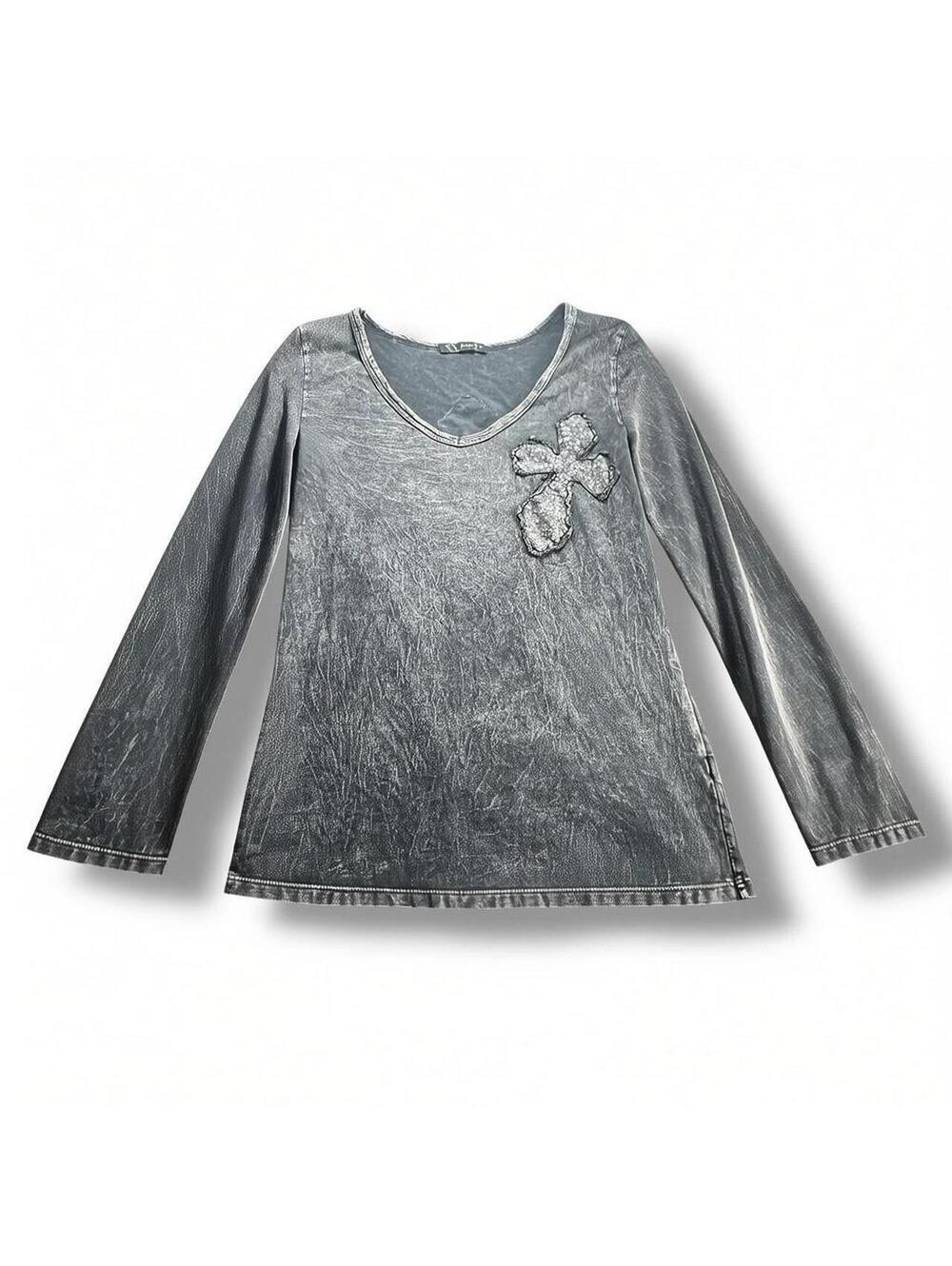 Y2K Urban X Washed Gray Rhinestone Cross Long Sleeve Top